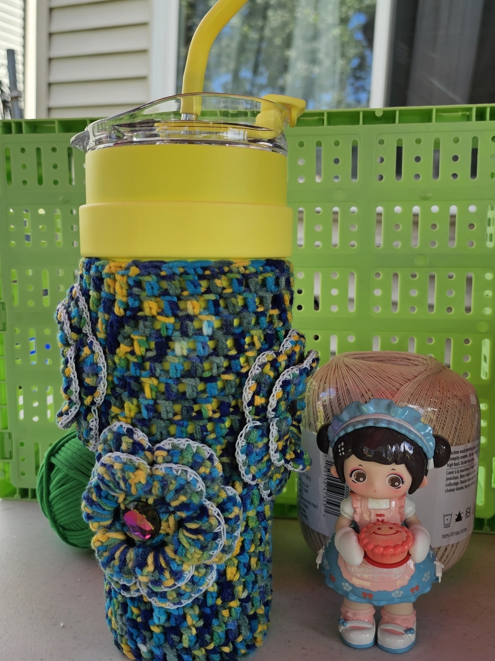 Yellow Tumbler with Hand-Crocheted Blue & Yellow Cozy - For Everybody